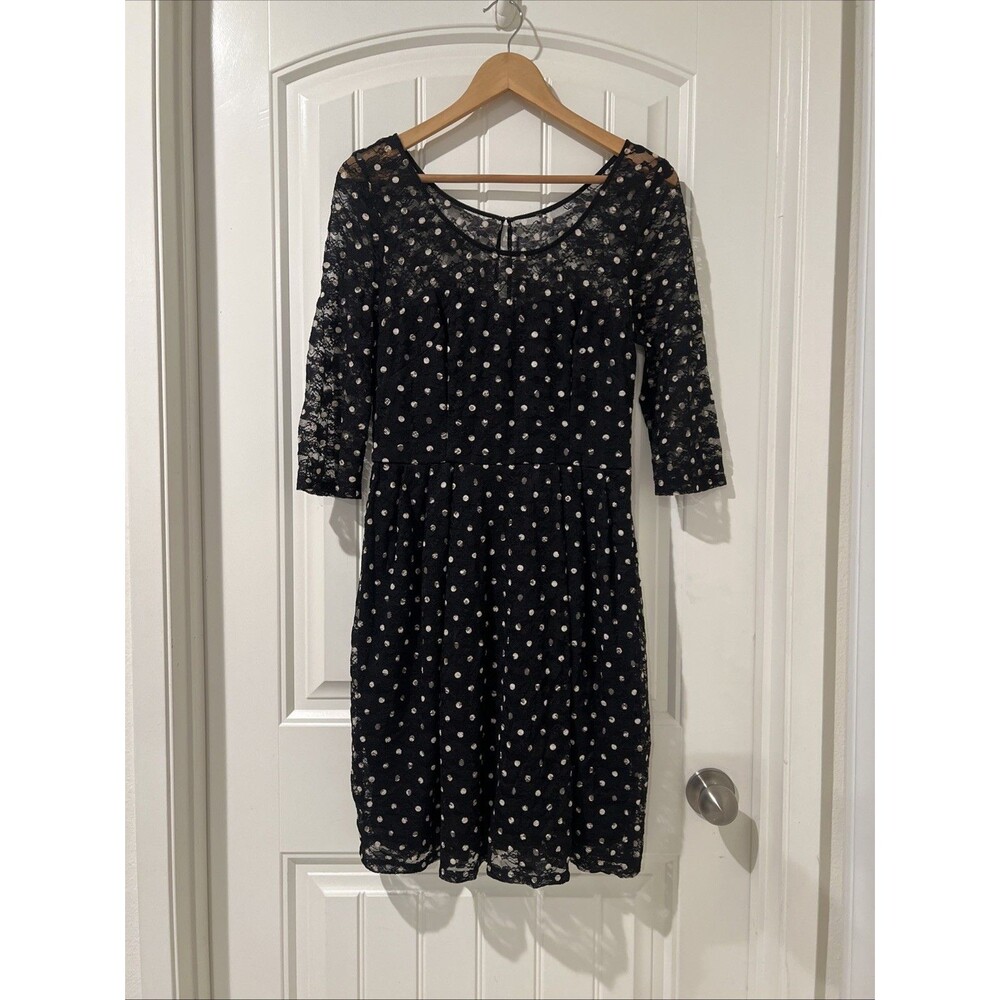 Betsey Johnson Polka Dots Floral black Cocktail Lace Overlay Pleated Dress Sz 8